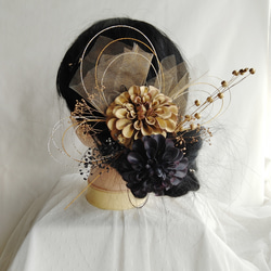 ブラックゴールドの和菊×水引き×チュール 黒金の髪飾り 卒業式髪飾り
