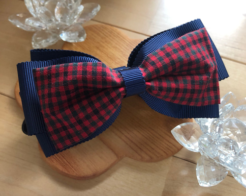 ファミリア風 赤チェック バナナクリップ リボン ヘアクリップ・バナナ