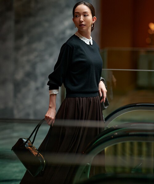 セール】【洗える】エンブロイダリー フラワーレースコンビ ニット