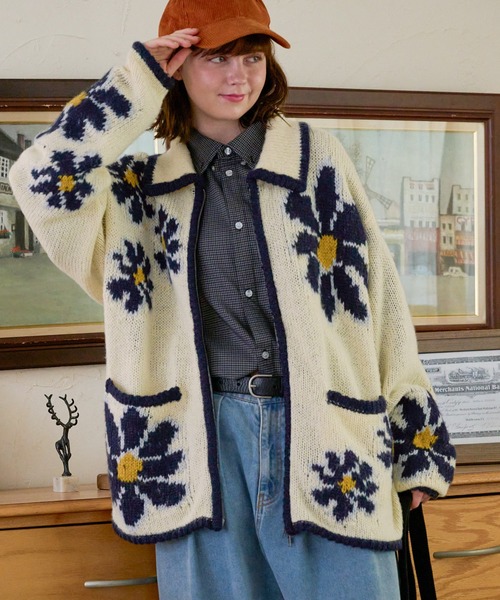 ヴィンテージライクフラワージップニットカーディガン MONO-MART