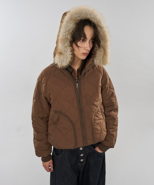 セール】【 3color/ 3size 】2WAY DRAW CODE QUILTING FAKE FUR HOOD