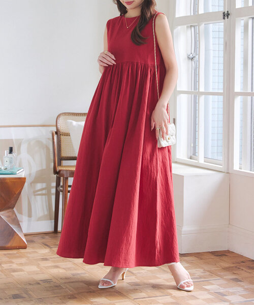 セール】[フレンチスリーブ・ノースリーブ]前後2Wayリネンタッチマキシ