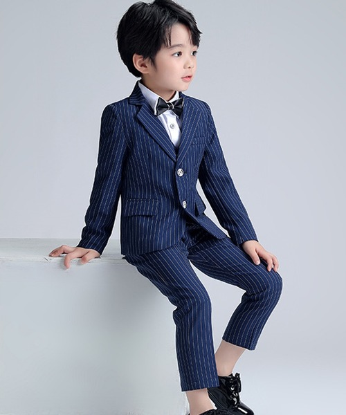 セール】キッズスーツ 長袖ストライプジャケット+長袖シャツ+パンツ+蝶