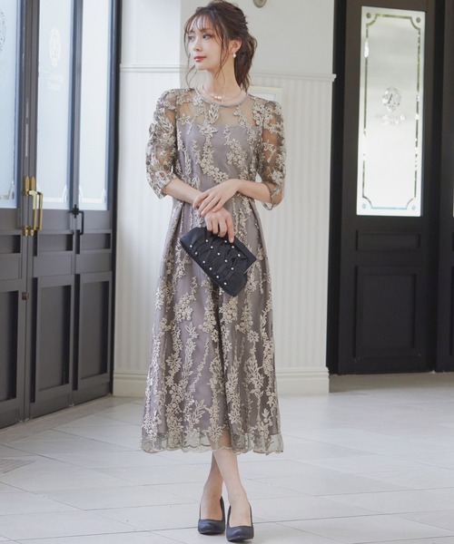 刺繍レース バックリボン パーティードレス 同窓会 二次会 （ドレス