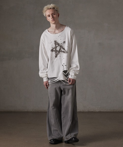 GRANCY】LinestoneDesign Graphic Damage LongTee / ラインストーン