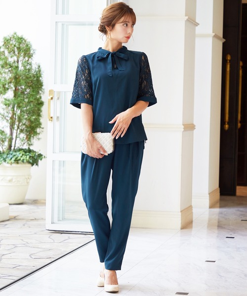 レーススリーブの ボウタイリボン セットアップ 結婚式 お呼ばれ