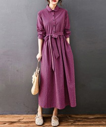 シャツワンピース（レッド/赤色系・ロング・マキシ丈）ファッション