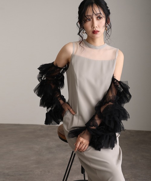 セール】結婚式パーティードレスデタッチドスリーブ袖あり&ミモレ丈