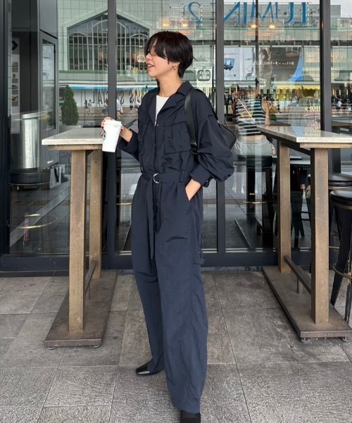 セール】ベルテッドナイロンジャンプスーツ（つなぎ/オールインワン