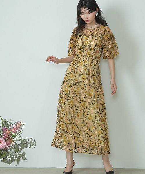 パフスリーブ フラワー刺繍 フェミニン パーティー ドレス マタニティ