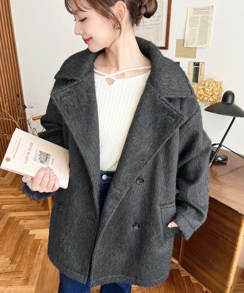 セール】2WAYアレンジカラーニットシャギーミドル丈ダブルテーラード