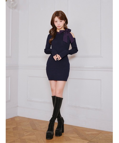 チェックリボンワンショルニットミニワンピース（ワンピース）｜Darich