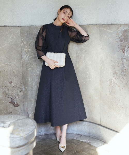 オケージョン対応】シアーランタンスリーブふくれジャカードドレス