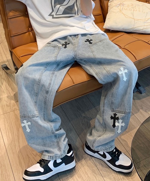 クロスパッチ ルーズストレートデニムパンツ 十字ジーンズ -ARCADE