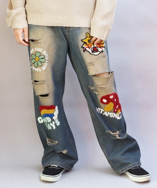 セール】ワッペン付きダメージデニム（デニムパンツ）｜8(eight