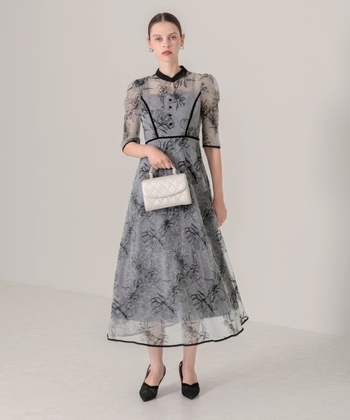 セール】【LEJA】配色パイピングプチハイネック花柄刺繍ラメレース