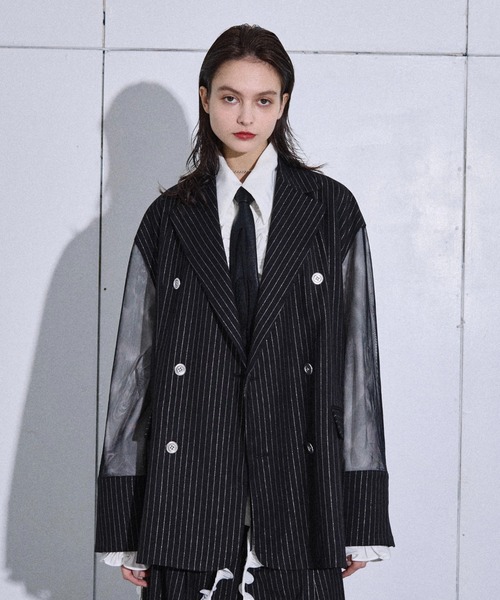 Lame stripe tulle layered tailored jacket / ラメストライプ