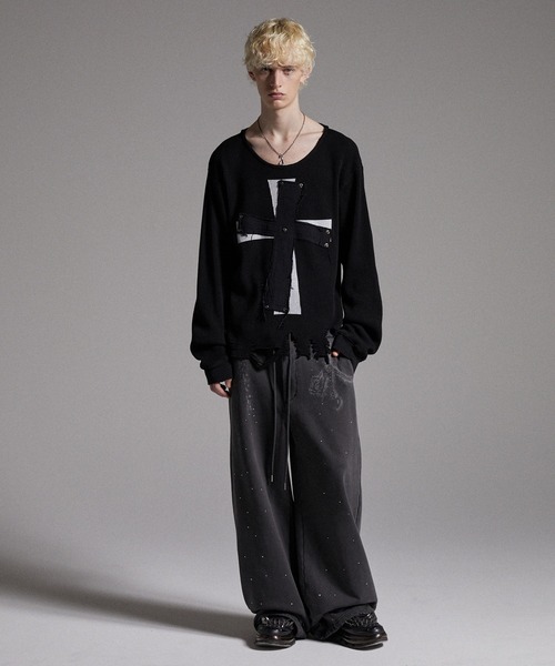 GRANCY】Rhinestone Design Layered Sweatpants / ラインストーン