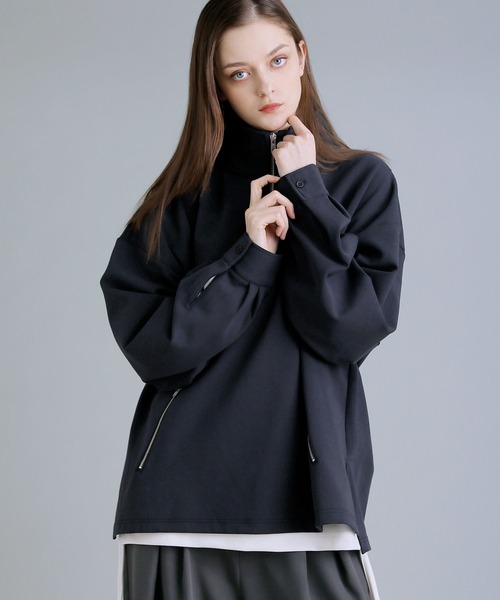 バルーンスリーブドレープコットンポンチハーフジップカットソー（T