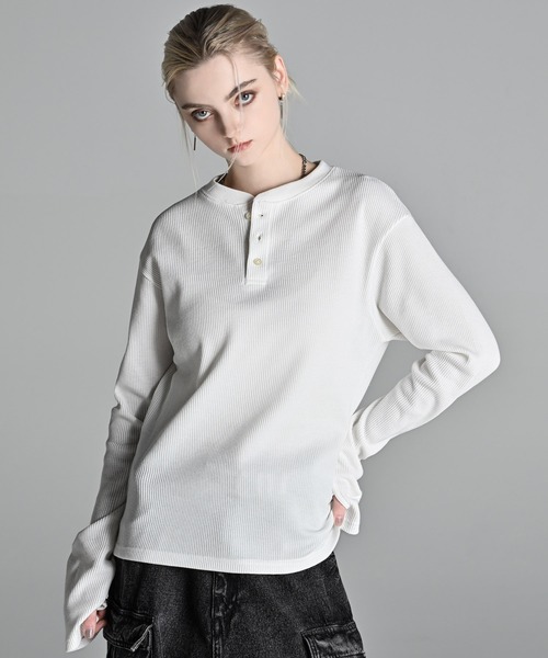 AFB サーマルロンティー ホワイト リブ編み 長袖カットソー Thermal