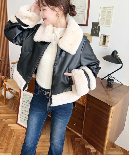 セール】フェイクレザー×フェイクファームートン風裏地キルトフライト