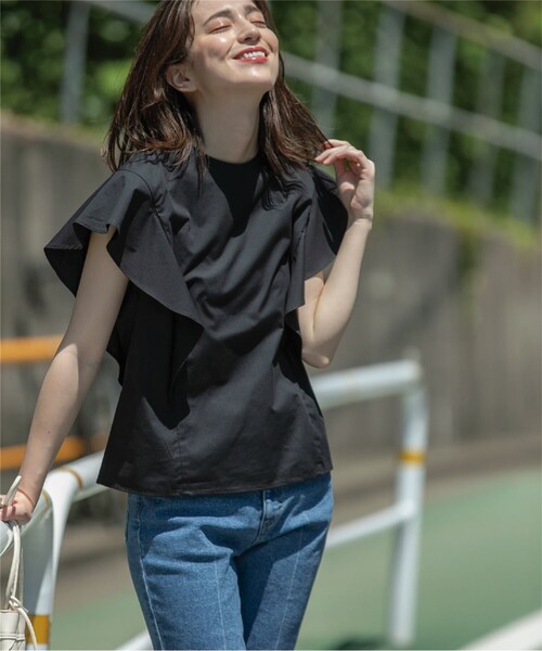 シェリエ バイカラーラッフルフリル トップス ダークグリーン ブラック