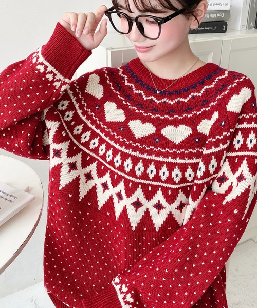 セール】5G ハート柄求心ジャガードニットプルオーバー（ニット