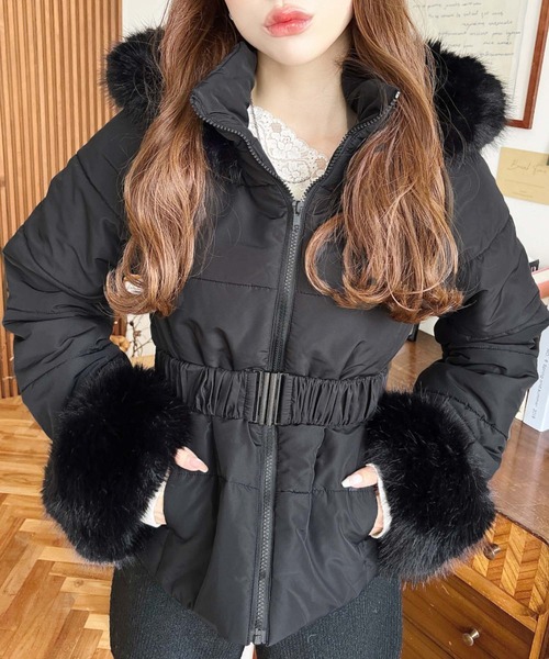 セール】ウェストベルト付きフードファーダウンジャケット（ダウン