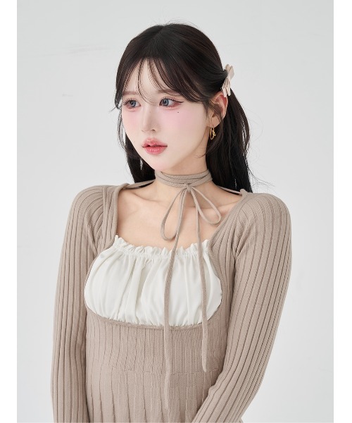 Darich ネックリボンデザインフレアニットミニワンピース free