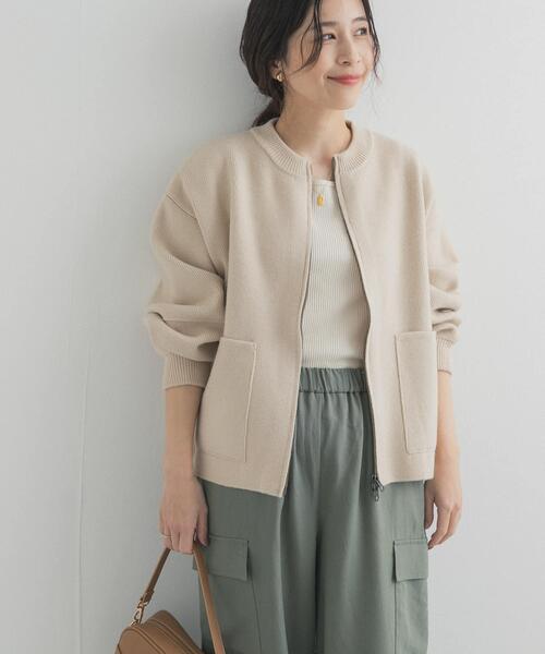 PAPAS + パパスプラス ニットZIPブルゾン 袖ケーブル エンジ L PAPAS