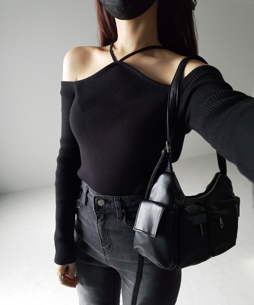 セール】【 2color 】クロスストラップオフショルダーリブニット