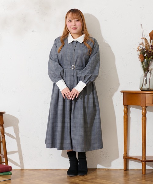 Louiosy（ルオシー）の「【大きいサイズ】配色襟ベルト付きフレア