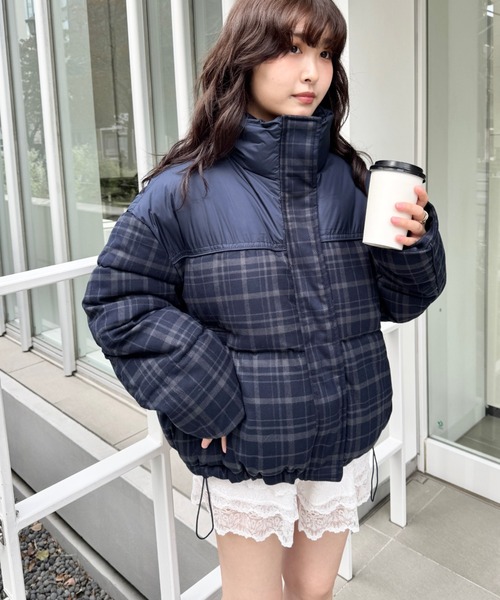 セール】チェック切り替えダウンジャケット（ダウンジャケット/コート