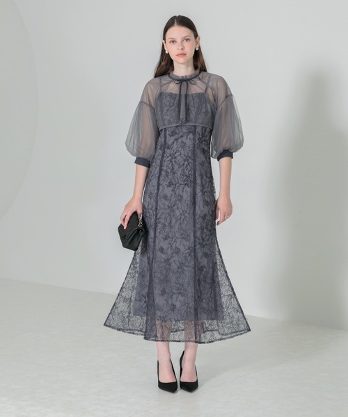 セール】【LEJA】リボン付きパフスリーブシアーボレロ刺繍レース