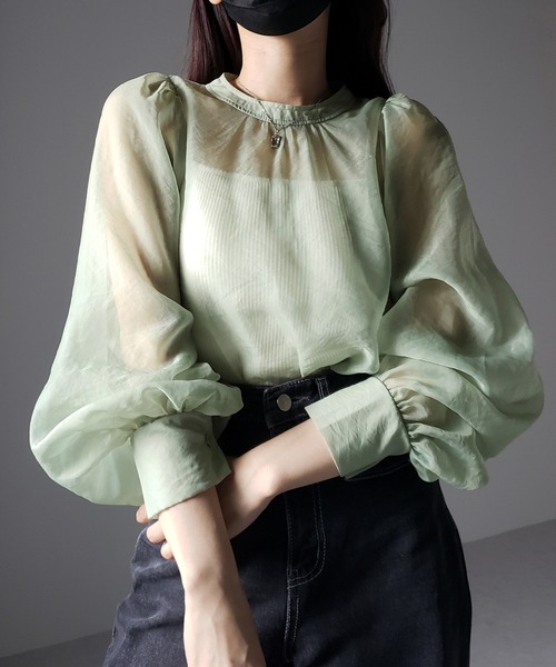 fitmore♡ クリンクルシアーオーガンジーボリュームスリーブトップス