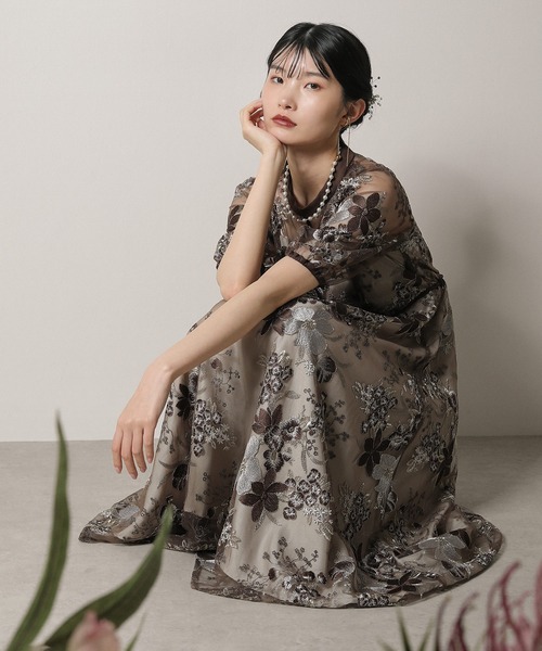 セール】シック フラワー刺繍 パーティー ドレス 結婚式 お呼ばれ