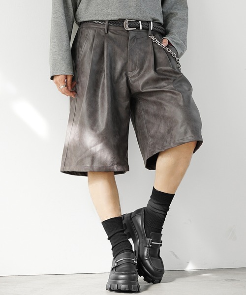 MinoriTY】ヴィンテージPUレザーハーフパンツ ショーツ メンズ 夏服