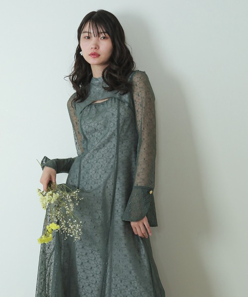 セール】幾何学柄 レース バックオープン ワンピース パーティー