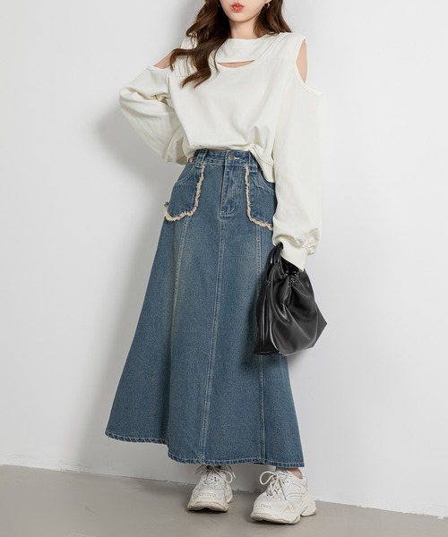 大きいサイズ有/ワンウォッシュ/ダメージ加工】フリンジ ハイウエスト