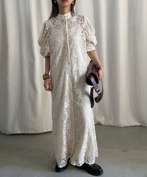 Ameri（アメリ）の「2WAY DRAPE SLEEVE EMBROIDERY DRESS（ワンピース