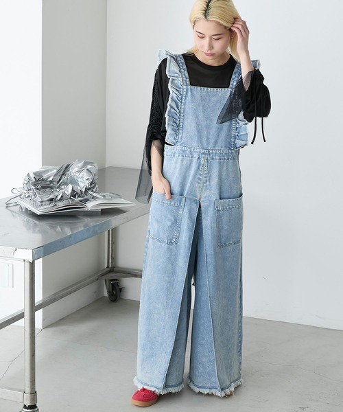 forksy.（フォルクシー）の「【forksy.】デニムフリルワイドサロペット