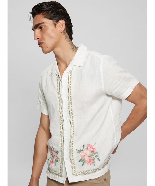 ECO Embroidered Island Linen Shirt 半袖 シャツ メンズ | GUESS(ゲス