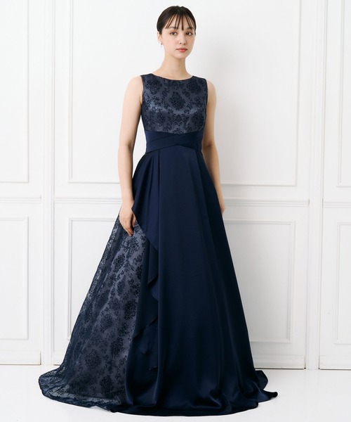 演奏会用サテン×ラメフロッキーアシンメトリーロングドレス（ドレス