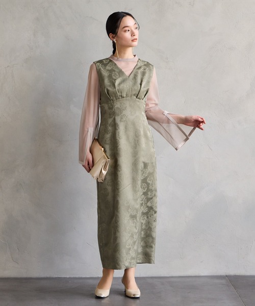 チュールブラウス付きジャカードIラインパーティードレス 20代 30代 40