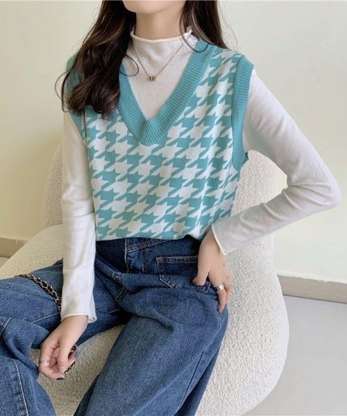 Jasmine】千鳥柄Vネックニットベスト（ベスト）｜Jasmine Grandiflorum