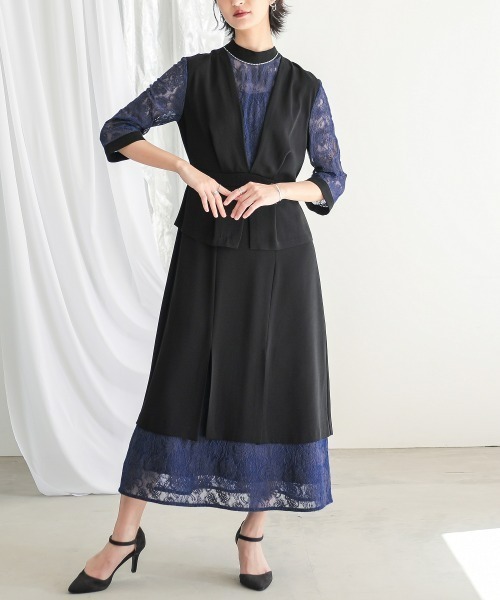 セール】〔Callarus〕スタンドカラーレース切替デザインワンピース