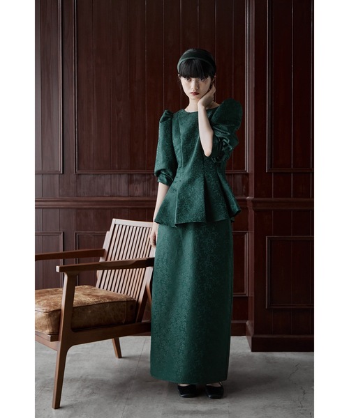 フラワージャガードセットアップドレス ペプラムブラウス&Iライン