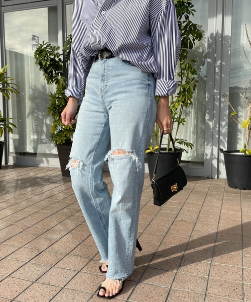 YANUK/ヤヌーク] LEA ハイウエストボーイズストレートダメージデニム