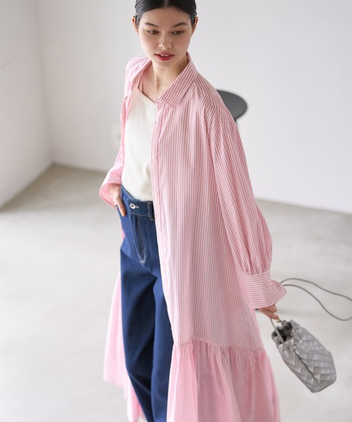 セール】ボリュームストライプシャツワンピース/リンクコーデ（シャツ