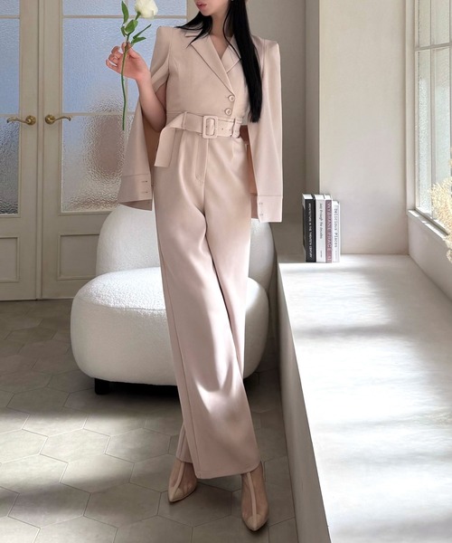 丈が選べる】ベルト付ケープ風オールインワン（つなぎ/オールインワン